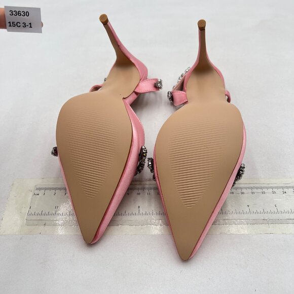 XYD Pink Jeweled Satin Pointed Toe Slingback Strappy Crystal High Heels Pumps - Picture 7 of 8